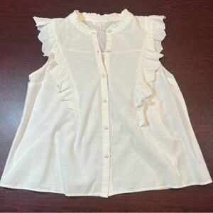 Lauren Conrad Cream Colored Sleeveless Button Up Ruffled Top Size Medium